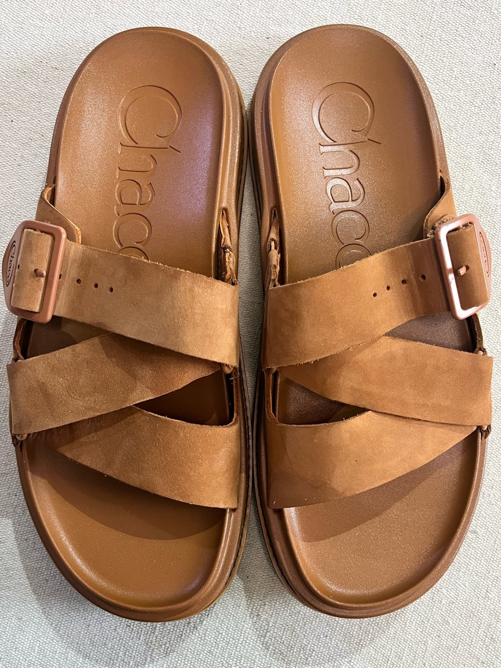 Chaco Towne's Slide Sandals, Leather, Cashew Brown, Sz 10